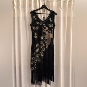 Flapper 1920’s Black and Gold Peacock Embellished Dress Costume